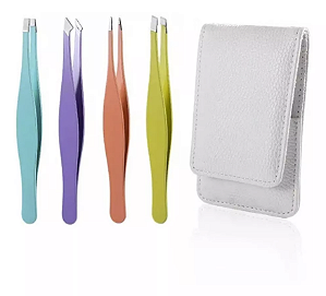 Kit 4 Pinças Para Design Sobrancelha Profissional Com Estojo