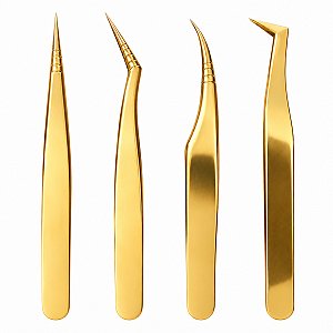 Kit 4 Pinças Para Extensão de Cílios Lash Designer Douradas
