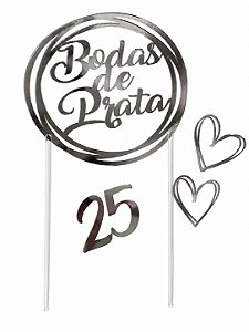 Topo de Bolo Bodas de Prata Prateado