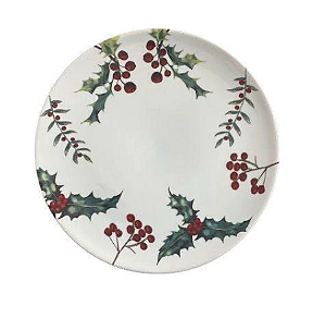 Prato Raso Em Porcelana Branca 26cm Estampa Azevinho