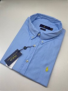 Camisa Social Oxford Manga Curta Azul Claro Logo Clássico Amarelo
