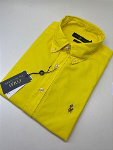 Camisa Social Oxford Manga Curta Amarelo Logo Colorido