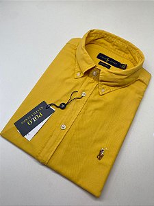Camisa Social Oxford Manga Curta Amarelo Mostarda Logo Colorido