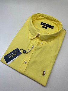 Camisa Social Oxford Manga Curta Amarela Claro Logo Colorido