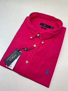 Camisa Social Oxford Manga Curta Rosa Pink Logo Clássico