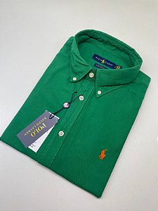 Camisa Social Oxford Manga Curta Verde Bandeira Logo Clássico Laranja