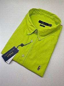 Camisa Social Oxford Manga Curta Verde Limão Logo Colorido