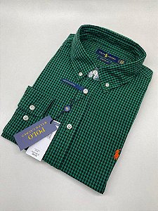 Camisa Social Oxford Xadrez Manga Longa Verde bandeira Logo Clássico Laranja