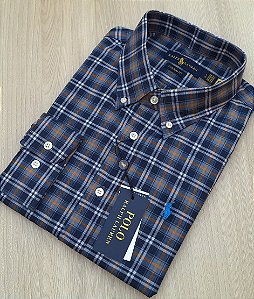 Camisa Social Ralph Lauren ML Xadrez Grande Marinho Litras Laranja Logo Clássico Celeste