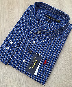 Camisa Social Ralph Lauren ML Xadrez Azul Royal Logo Clássico Vermelho