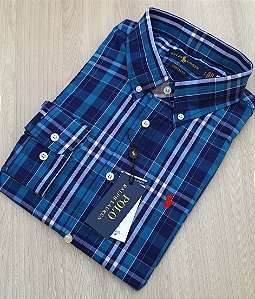 Camisa Social Ralph Lauren ML Xadrez Grande Marinho Logo Clássico Vermelho