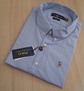 Camisa PRL Micro Xadrez Manga Curta Azul Claro Logo Colorido
