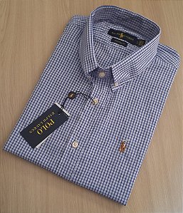 Camisa PRL Xadrez Manga Curta Branco Listras Marinho Logo Colorido