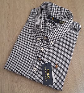Camisa PRL Xadrez Manga Curta Branco Listras Preto Logo Colorido