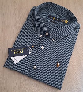 Camisa PRL Xadrez Manga Curta Marinho Xadrez Preto Logo Colorido