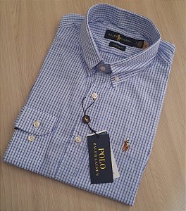 Camisa PRL Xadrez Manga Longa Azul Claro Logo Colorido