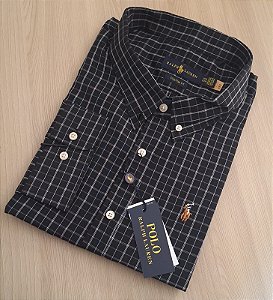 Camisa PRL Xadrez Manga Longa Preto Listras Branco Logo Colorido