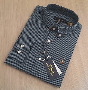 Camisa PRL Xadrez Manga Longa Verde Xadrez Preto Logo Colorido