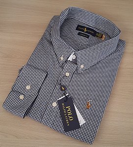 Camisa Ralph Lauren Micro Xadrez Médio Manga Longa Preto Logo Colorido