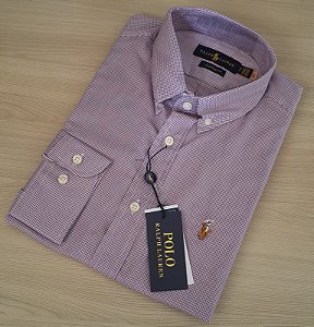 Camisa Ralph Lauren Micro Xadrez Manga Longa Lilás Logo Colorido