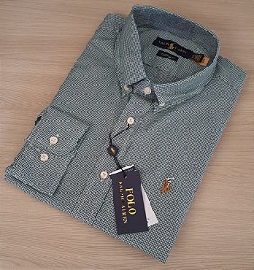 Camisa Ralph Lauren Micro Xadrez Manga Longa Verde Logo Colorido