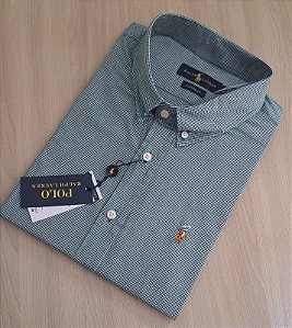 Camisa Ralph Lauren Micro Xadrez Manga Curta Verde Logo Colorido