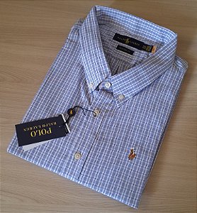 Camisa Ralph Lauren Quadriculada Manga Curta Branco Listras Azul Logo Colorido
