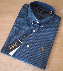 Camisa Ralph Lauren Quadriculada Manga Curta Verde Militar Listras Amarelo Claro Logo Colorido