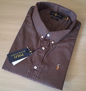 Camisa Ralph Lauren Quadriculada Manga Curta Marrom Listras Bege Logo Colorido