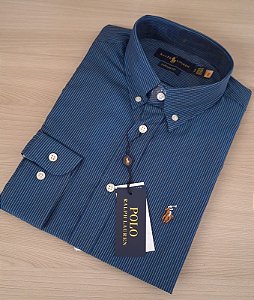 Camisa Ralph Lauren Quadriculada Manga Longa Verde Militar Listras Amarelo Claro Logo Colorido