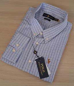 Camisa Ralph Lauren Quadriculada Manga Longa Branco Listras Azul Logo Colorido