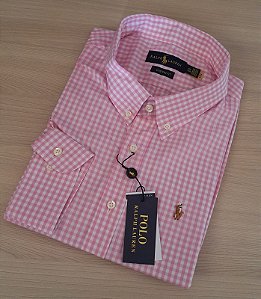 Camisa Ralph Lauren Xadrez Clássico Manga Longa Rosa Claro Logo Colorido
