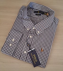 Camisa Ralph Lauren Xadrez Clássico Manga Longa Marrom Logo Colorido