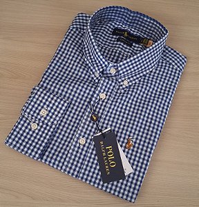 Camisa Ralph Lauren Xadrez Clássico Manga Longa Marinho Logo Colorido