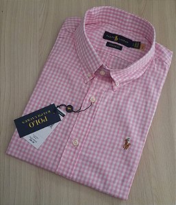 Camisa Ralph Lauren Xadrez Clássico Manga Curta Rosa Claro Logo Colorido