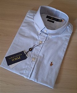 Camisa Ralph Lauren Xadrez Manga Curta Branco Listras Azul Claro Logo Colorido