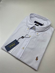 Camisa Social Oxford Manga Curta Branco Logo Colorido