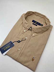 Camisa Social Oxford Manga Curta Caqui Logo Colorido