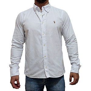 Camisa Social Oxford Manga Longa Branco Logo Colorido