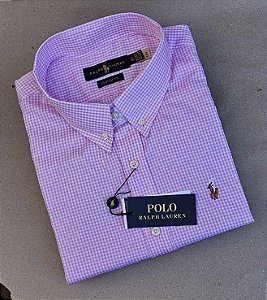 Camisa Ralph Lauren Micro Xadrez Médio Manga Curta Rosa Claro Logo Colorido