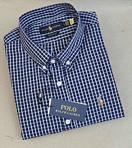 Camisa PRL Xadrez Manga Curta Preto Listras Grossa Branco Logo Colorido