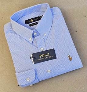 Camisa PRL Micro Xadrez Manga Longa Azul Claro Logo Colorido