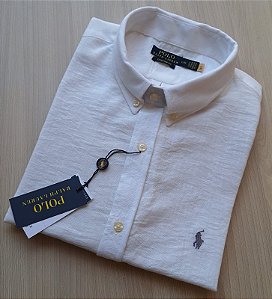 Camisa Social Linho Manga Curta Branco Logo Clássico Cinza