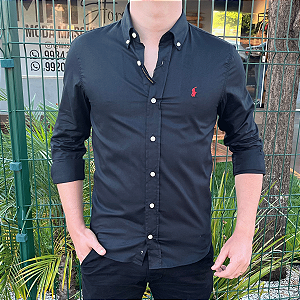 Camisa Social Tecido Plano Manga Longa Preto Logo Clássico Vermelho