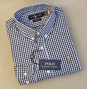 Camisa Ralph Lauren Xadrez Clássico Manga Longa Preto Logo Colorido