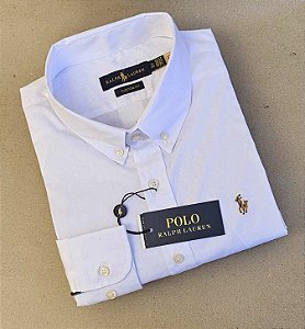 Camisa PRL Lisa Tecido Plano Manga Longa Com Elastano Branco Logo Colorido