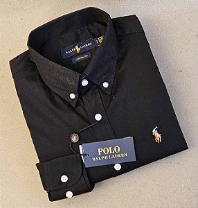 Camisa PRL Lisa Tecido Plano Manga Longa Com Elastano Preto Logo Colorido