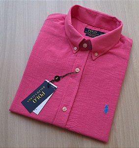Camisa Social Linho Manga Curta Rosa Pink Logo Clássico Celeste