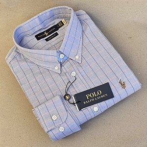 Camisa Ralph Lauren Quadriculada Manga Longa Cinza Listra Marinho Logo Colorido