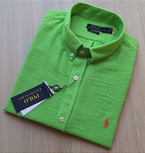 Camisa Social Linho Manga Curta Verde Limão Logo Clássico Laranja